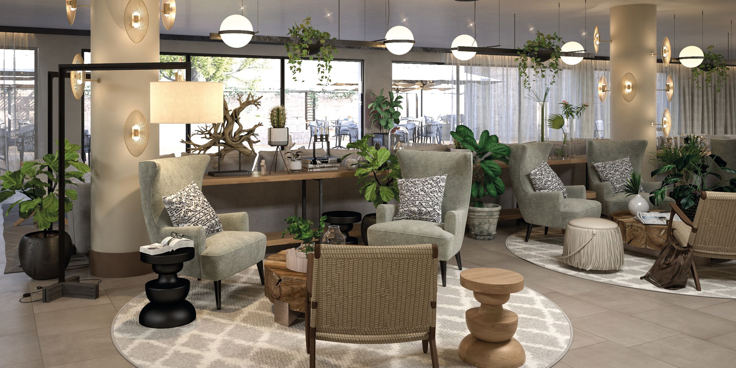 Hotel lounge with mixed seating, hanging planters and warm pendant lighting