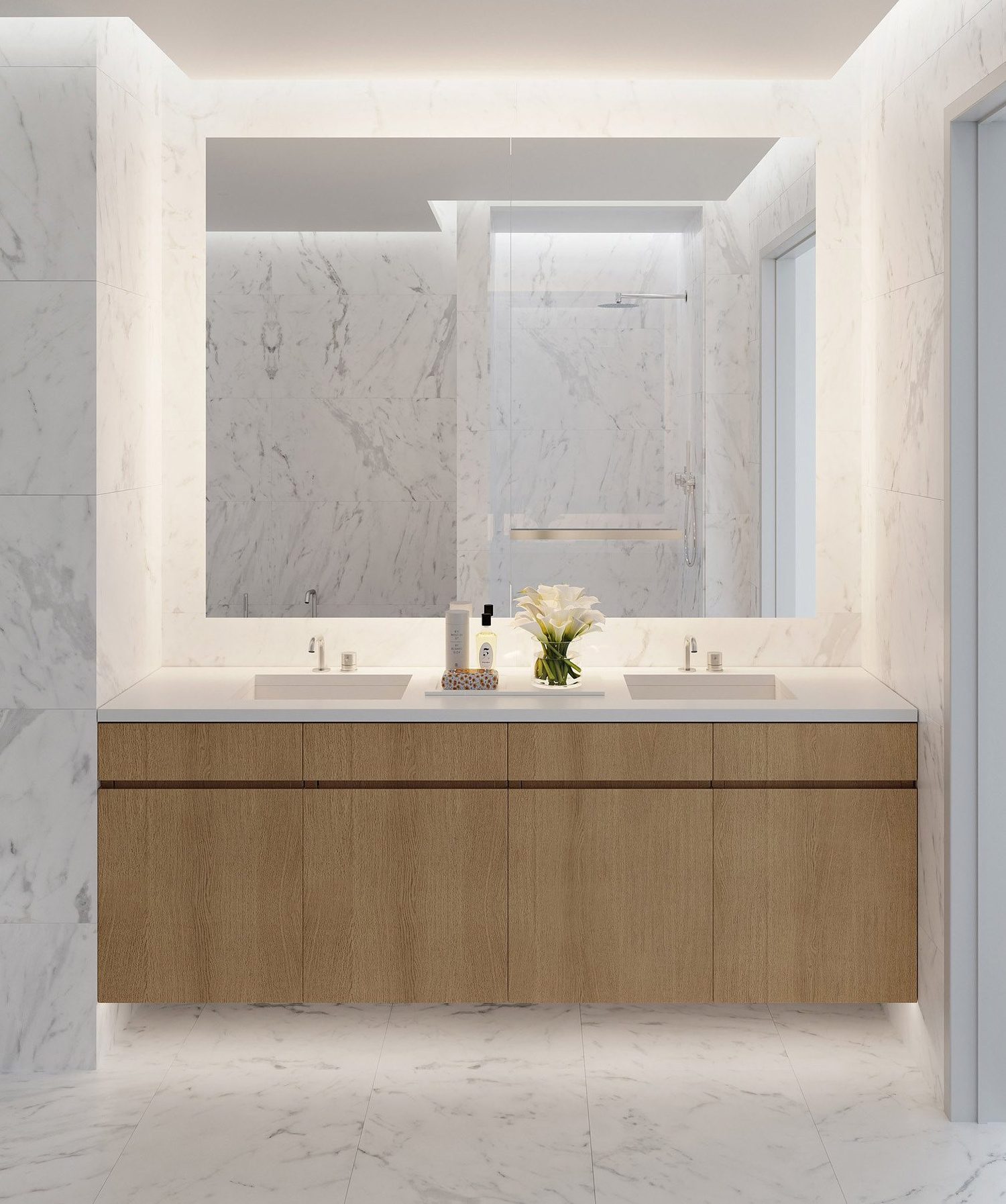 Bathroom with a timber vanity and stone-lined walls