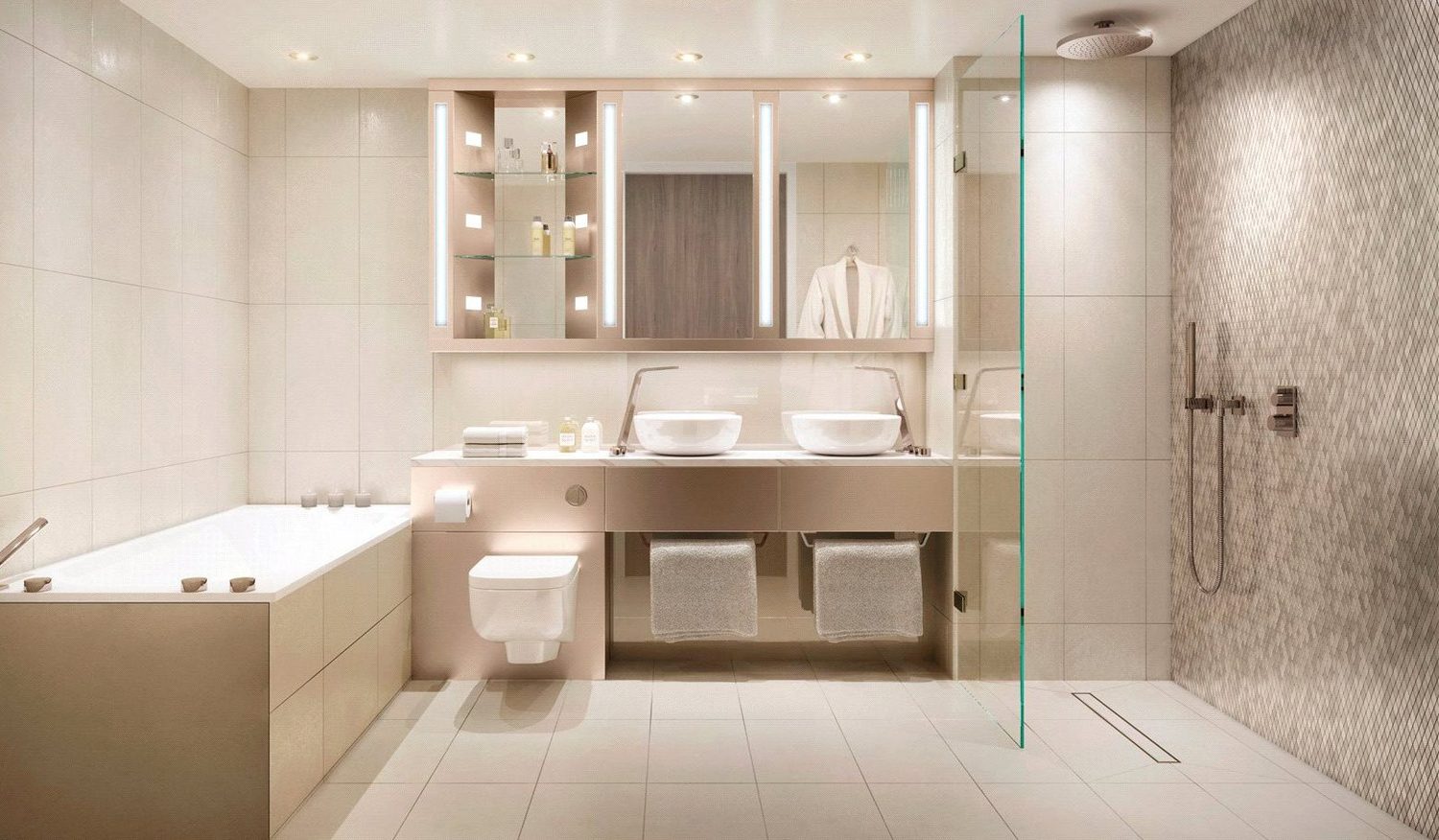Bathroom with a floating vanity and walk-in shower