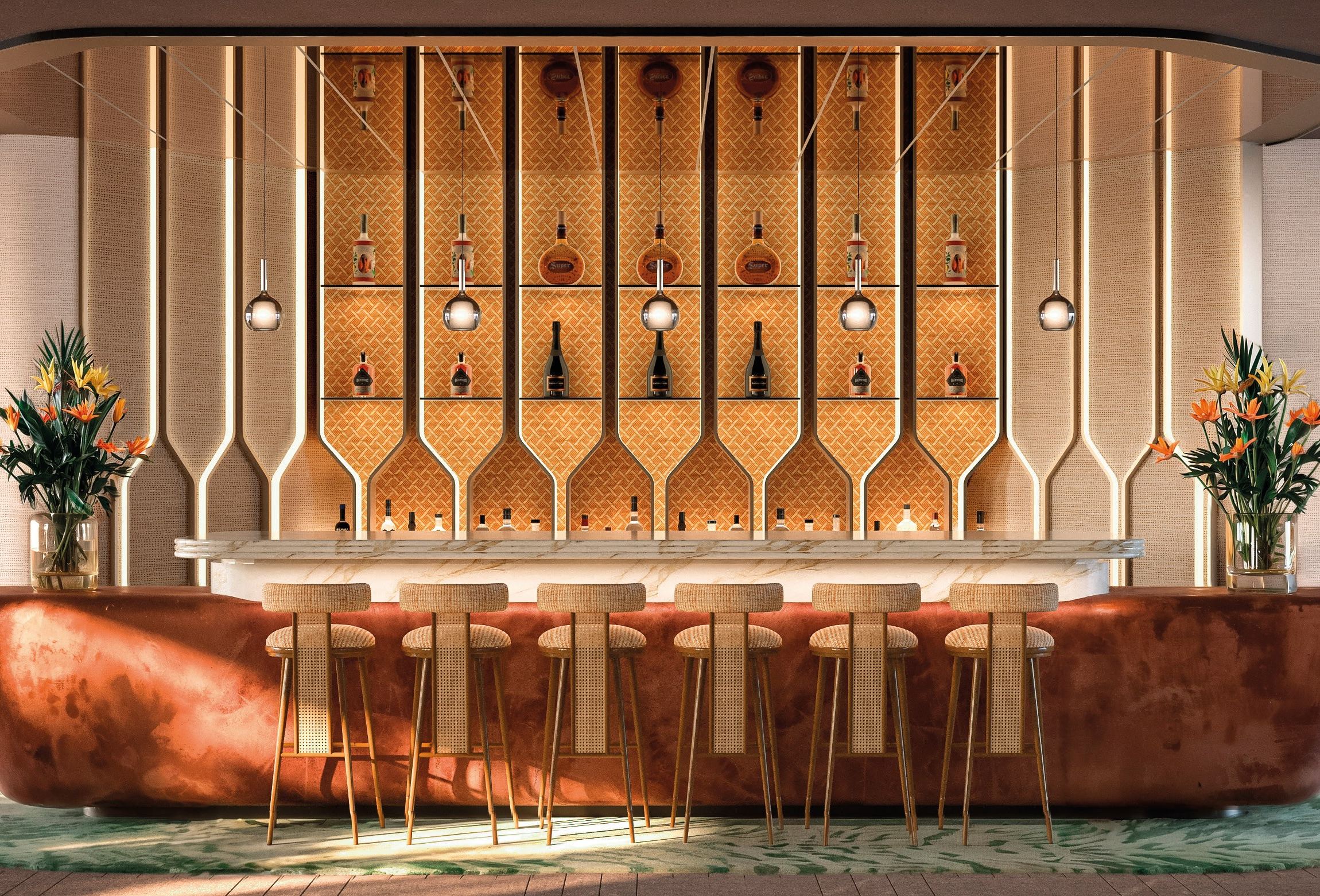 Bespoke bar with a copper-clad counter and a fluted back-bar with bottle-shaped niches