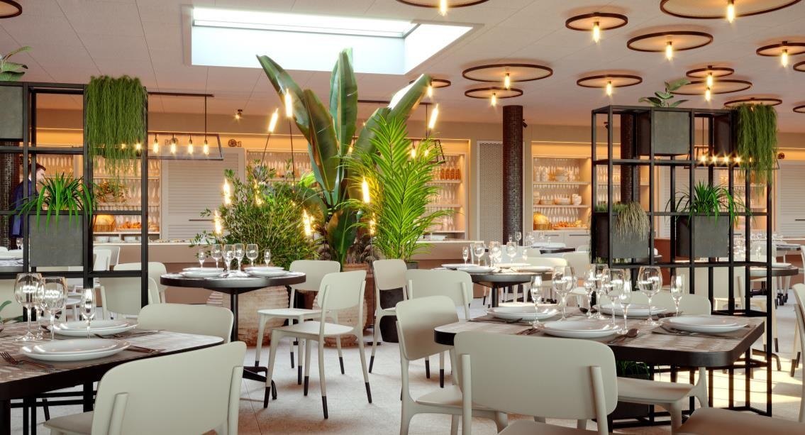 Restaurant with ring pendants, planting and a buffet counter