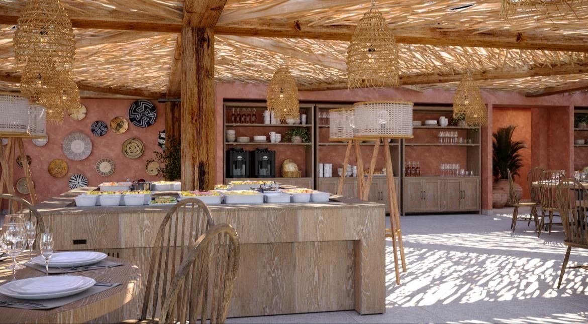 Resort restaurant beneath a woven canopy