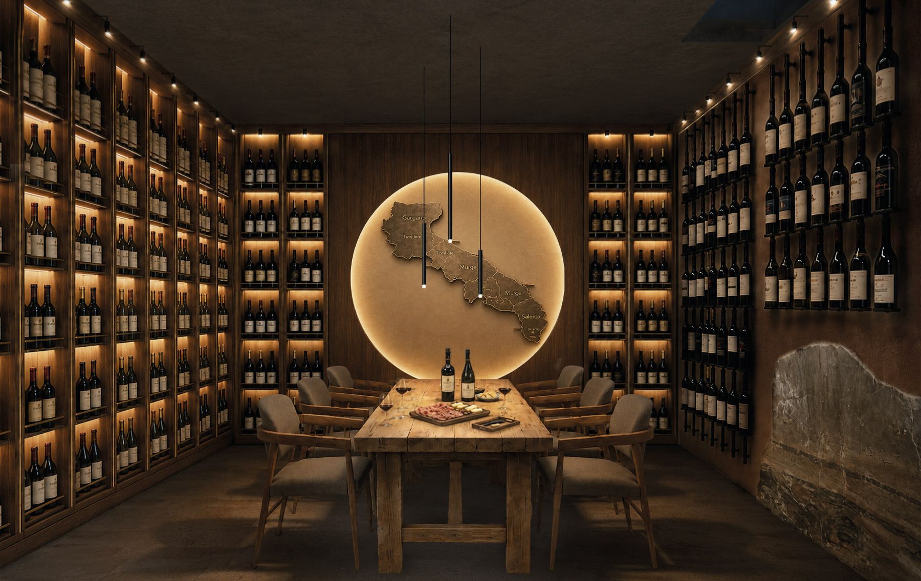 Private wine cellar with floor-to-ceiling illuminated shelving and a central dining table